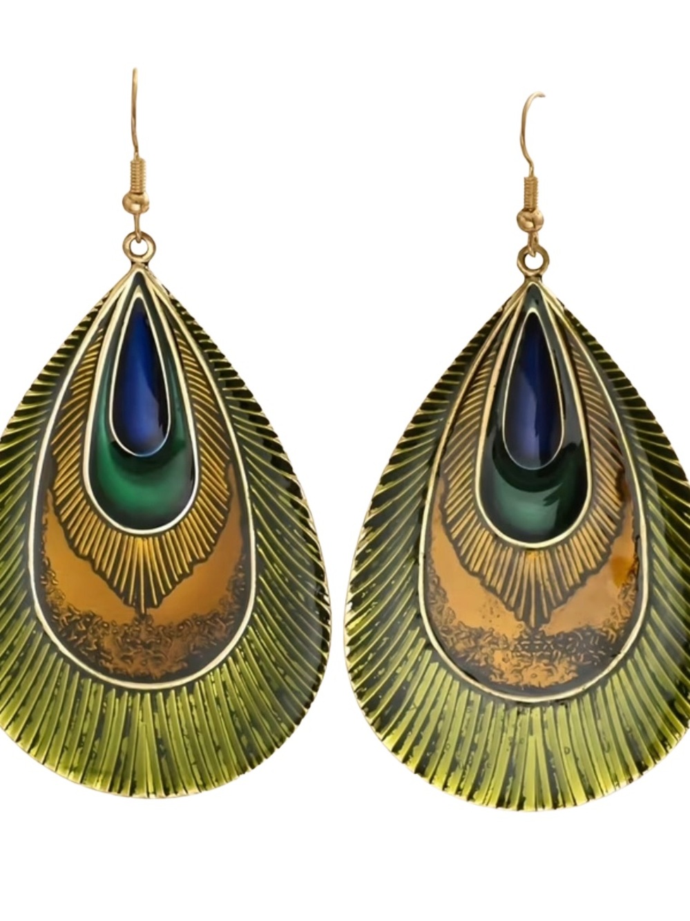 Bohemian Enamel Peacock Feather Teardrop Dangle Earrings Jewel Gold Tone NWOT